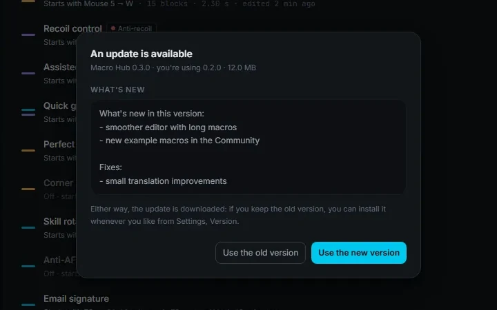 The “An update is available” window, with what's new and the “Use the old version” and “Use the new version” buttons