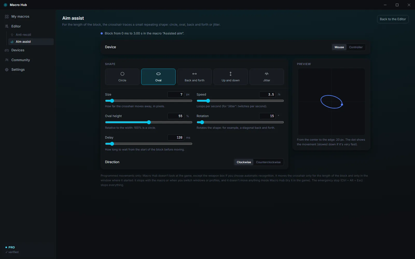 The Aim assist page: the five shapes, the settings for the chosen one and a preview of the movement
