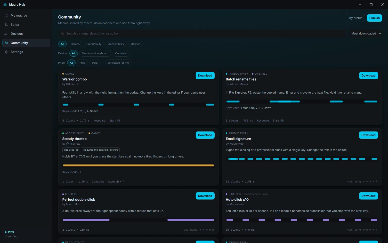 The Macro Hub Community page: cards of macros to download, with filters for category, device and price