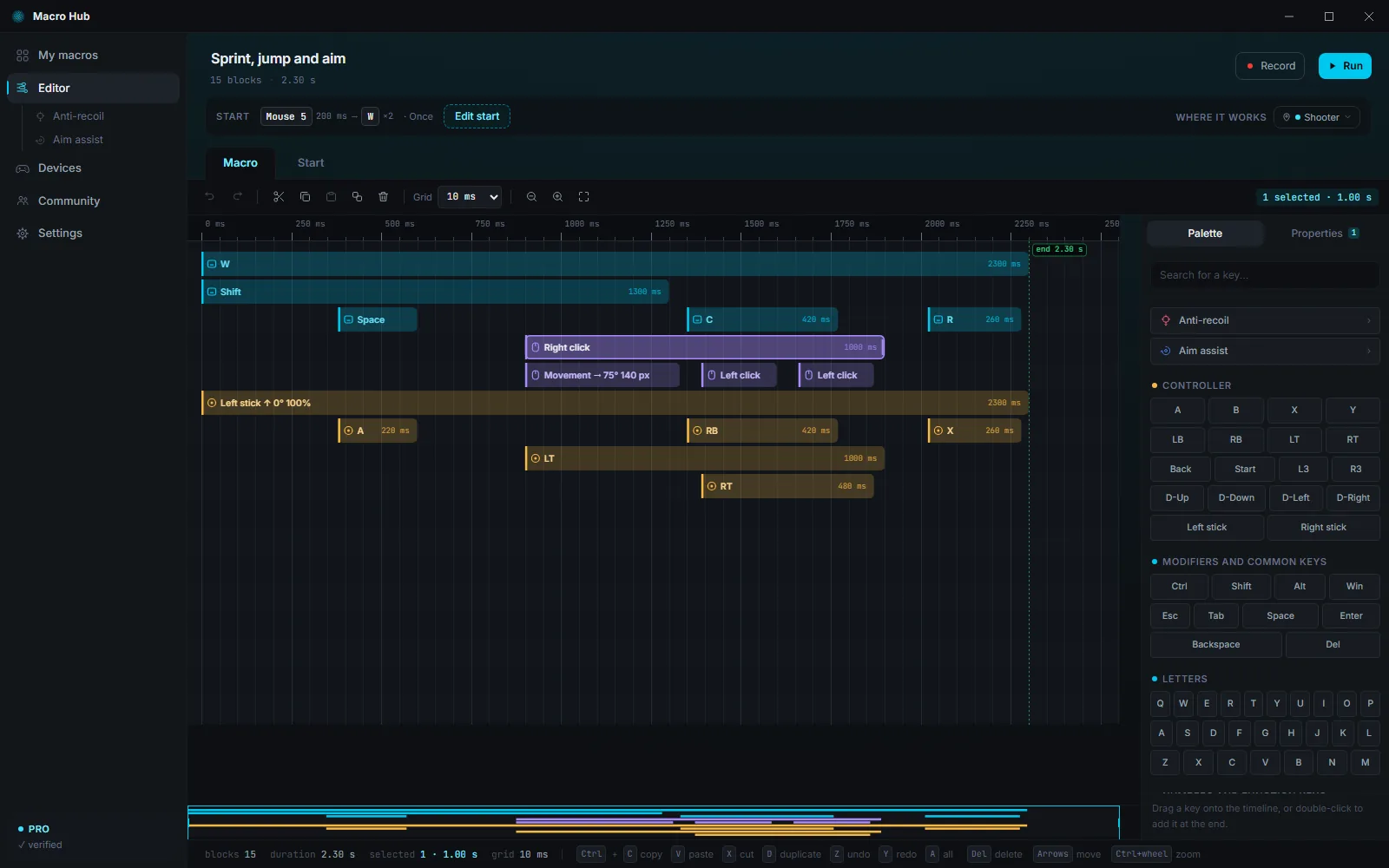 The Macro Hub editor: keyboard, mouse and controller blocks on the timeline, with the key palette on the right