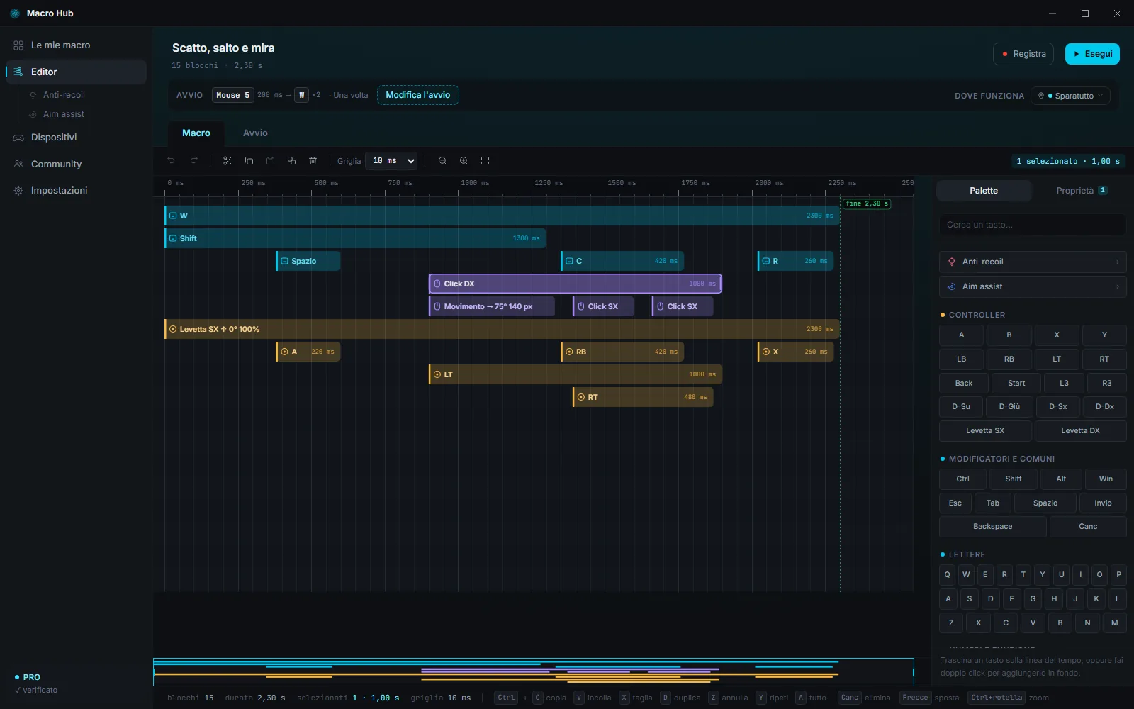 L'editor di Macro Hub: blocchi di tastiera, mouse e controller sulla linea del tempo, con la palette dei tasti a destra